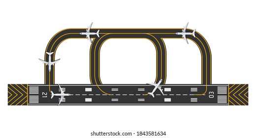 Vista superior de la pista del aeropuerto con avión, ilustración vectorial