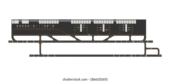 Top view of airport runway and taxi way with airplane, vector illustration