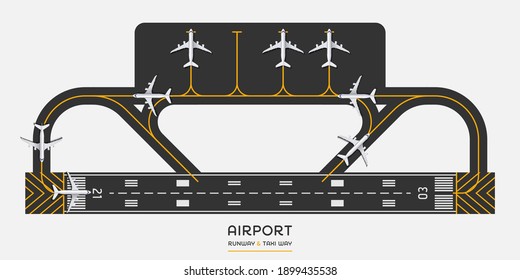 Top view of airport runway and taxi way with airplane, vector illustration