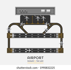 Vista superior de la pista de aterrizaje del aeropuerto y la vía de taxi con avión, ilustración vectorial