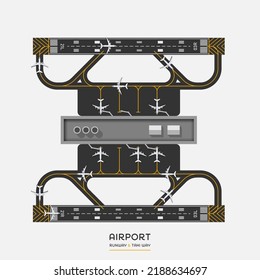 Top view of airport runway and taxi way with airplane, vector illustration