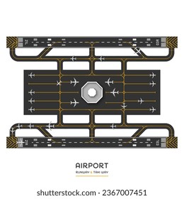 Top view of airport runway and taxi way with airplane, vector illustration