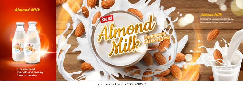 Top View Of Almond Milk In Glass Cup With Splashing Effect In 3d Illustration