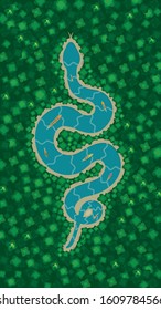 Top view of amazon river with blue water in the form of curvy snake surrounded by green trees seen from above and canoes sailing on the river. Vector image