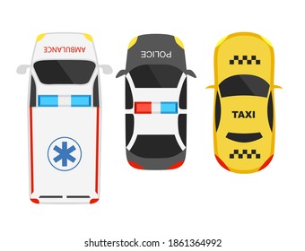 Top view of ambulance, police and taxi cars. Cartoon car template. Vector set of isolated transport icons.