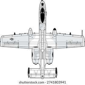 A top view of an American A-10 Thunderbolt II ground attack aircraft, also known as the Warthog. Features the distinctive straight wings, twin tail configuration, and seven-barrel GAU-8 Avenger cannon. Detailed vector illustration in realistic grey camouflage pattern isolated on white background. Perfect for aviation history, close air support aircraft references, and military aviation collections.