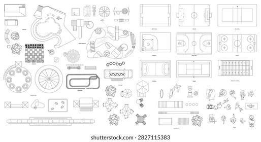 Top view of an amusement park. Vector illustration of isolated objects. Amusement rides, playing fields, skate park, children's playground, dog play area, chessboard etc.