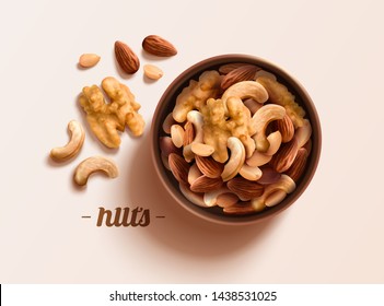 Top view angles of integrated nuts in 3d illustration on pink background