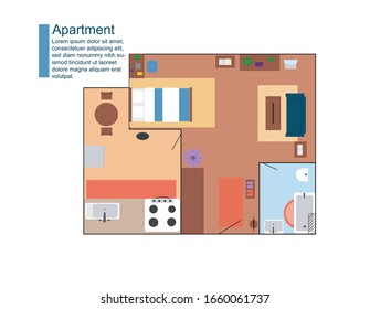 
Top view of the apartment. Оne-room apartment. Colorful vector illustration.