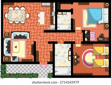 Vista superior Piso Piso Casa de Plan Interior Vector