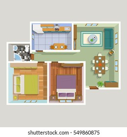 Top view apartment interior detailed plan with lounge kitchen bathroom two bedrooms furniture vector illustration 