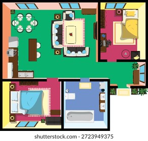 Vista superior Apartamentos Plano de assoalho Casa Design de interiores Vetor