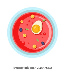 Top view appetizing vegetable red soup with egg serving in bowl icon vector flat illustration. Fresh cooked hot liquid dish meal with greenery in plate isolated. Simple badge cafe restaurant menu