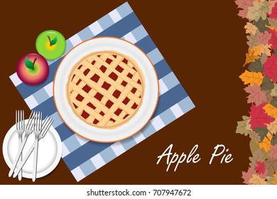 Top view of the apple pie on a white plate. The right edge of the vector is ribbed with colorful autumnal leaves. All is on a brown background.
