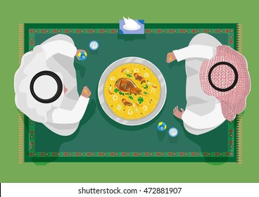 Top View Of Arab People In Traditional Costume Are Sitting On A Carpet And Are Using Their Hands To Eat Kabsa Rice Food In Flat Lay Illustration Style. Editable Clip Art.