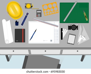Top view of architect and engineer desk. Working space with blank paper for text. Background design. Vector illustration.