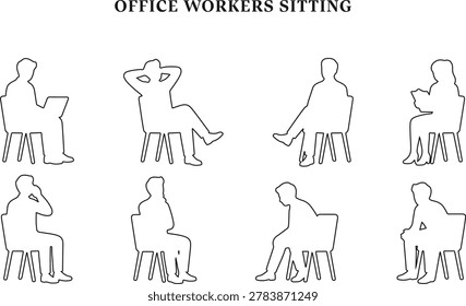 Top View Architectural CAD Blocks of Sitting Office Workers Outline, Minimalist Line Art Vector Entourage Figures for Floor Plans and Space Planning