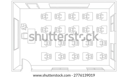 Top view architectural drawing of classroom with teacher and students at desks, school layout floor plan in clean minimal line illustration style