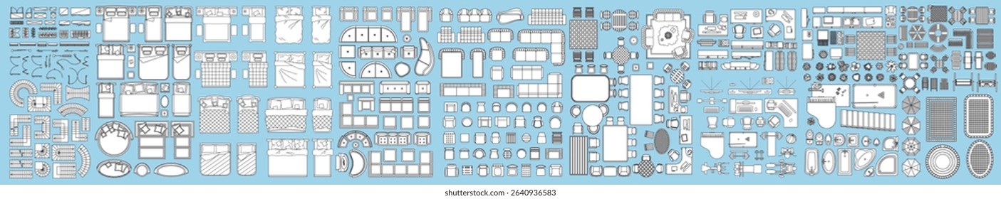 Top view. Architectural elements and furniture for the floor plan. Vector. Beds, sofas, kitchens, chairs, doors, windows, wardrobes, trainers, tables, baths, toilet bowls. Garden. View from above.