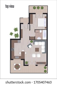 Vector del plano arquitectónico de la vista superior, Apartamento de un dormitorio, dibujo de la vista superior de la moderna ilustración de la casa.