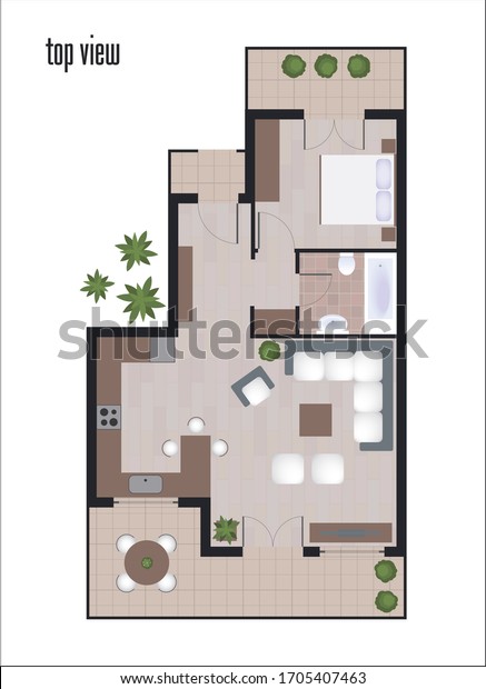 Top view architectural floor plan vector, One bedroom apartment,top