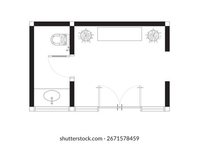 Top View Architectural Plan of a Foyer and a Half Bathroom. 14