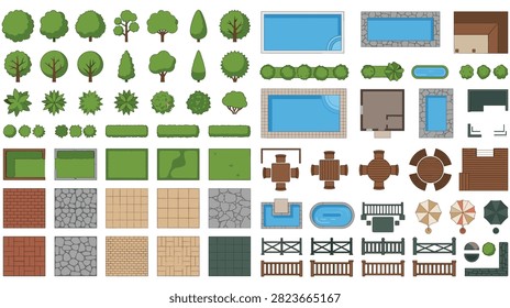 top view architectural symbols for landscape design featuring swimming pools garden furniture stone pavers and green bushes flat vector icons set.