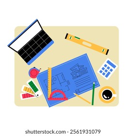 Top View Of Architectural Tools With Laptop And Blueprints In Flat Vector Illustration Symbolizing Design, Engineering, And Creativity, Isolated On White Background.