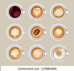 Top view of aromatic cups with tasty coffee vector illustration. Different patterns on beverage flat style. Cappuccino americano espresso mocha latte cocoa. Isolated on beige background