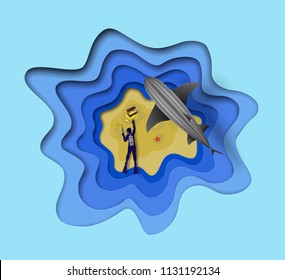 Top view of artistic vector sea diver with harpoon gun is trying to catch pirate box with gold coins and grey shark hunting around made in paper style. Vector nature scene of diving man and sea shark