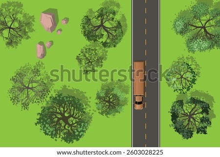 Top view of an asphalt two-lane highway and a truck running through a green field with green trees and brown stones with realistic shadows. View from above. Aerial.