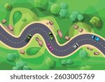 Top view of an asphalt winding two-lane road passing through green fields with geometric trees, stones, rocks. Cars of different colours, shapes and sizes driving. View from above. Aerial.