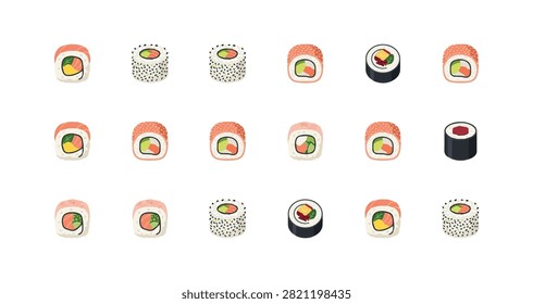 top view of assorted sushi rolls featuring bright colors fresh fish vegetables rice and seaweed on white background for food presentation