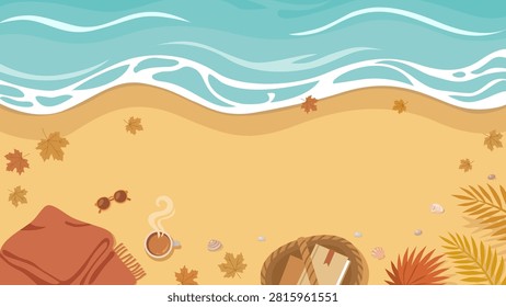 Top view autumn beach vector background with turquoise waves, copy space on sand, coffee cup, blanket, picnic basket, sunglasses, and dry leaves.