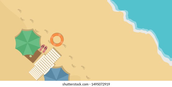 Top view background of the beach, with umbrella, stretcher, sandals, table and caipirinha