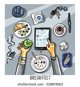 Top view background - person having breakfast 