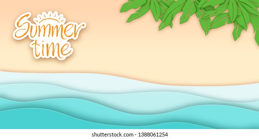 Top view background with sea, beach and palm in a paper cut style with lettering Summer time. Vector illustration EPS10