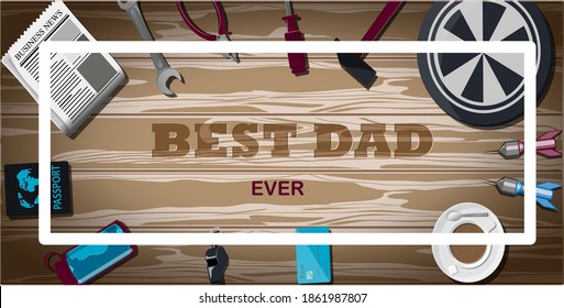 Top view of a background with sports equipment. The inscription is the best dad. Sports fan table with Darts, water bottle, baseball, coffee, hammer, pliers, key, screwdriver. Greeting card for father