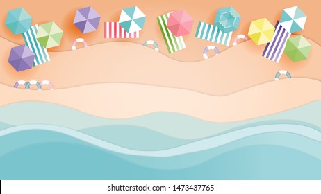 Top view background with umbrellas,swim ring on the beach and sea view of summer, paper cut and craft style. vector. EP10 - Shutterstock ID 1473437765