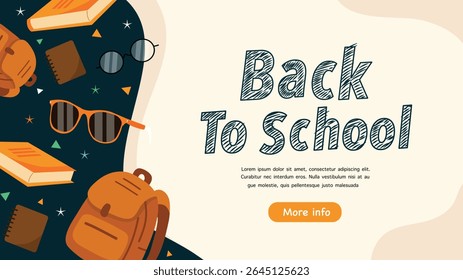 Top view of backpack books and glasses with back to school text in a modern vector layout