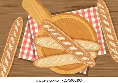 Vista superior de los panes de baguette en la ilustración de la mesa