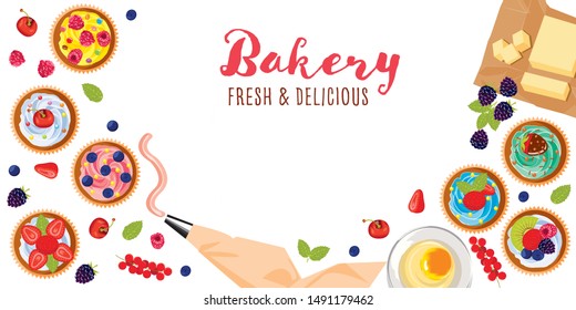 Top view of bakery ingredients, bakery background, bread house, sweet dessert cafe