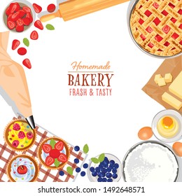 top view of bakery ingredients, colorful cupcake, bakery background, sweet dessert set, 