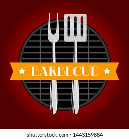 Top view of a barbecue grill with a fork and spatula - Vector