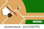 Top view of baseball equipment near home plate. Baseball bat, glove, and ball. Basebal game setup. Flat design vector background illustration