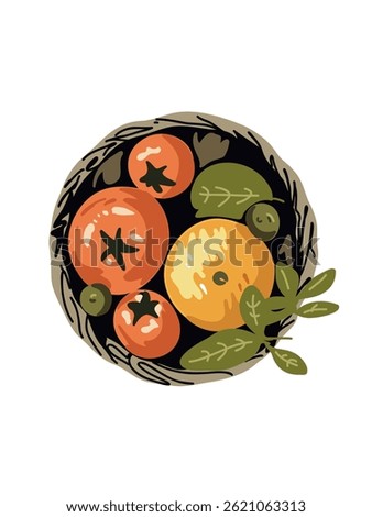 top view of basket with organic vegetables in cartoon vector style