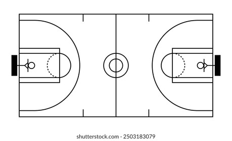 Top view basketball court black drawing image. Clipart image. Vector illustration isolated on white background.