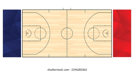 Top view of Basketball court, High angle view of the basketball play stadium, Wooden floor and black line basketball for tournament match 