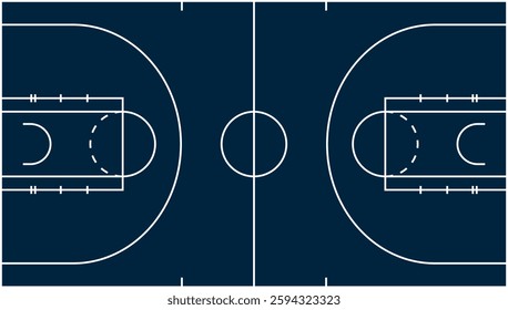 Top view of basketball court with white markings on dark background, vector illustration