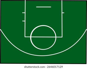 Vista superior de um diagrama de meia quadra de basquete em um fundo verde. Layout limpo ideal para estratégia esportiva, treinamento, planejamento de jogos ou ilustrações de basquete educacional.